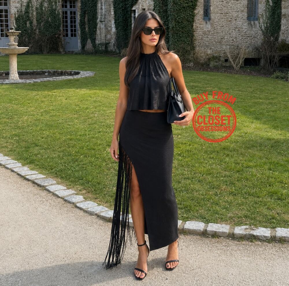 Zara NWT Black Linen Fringe Co-Ord Set Top Skirt L
